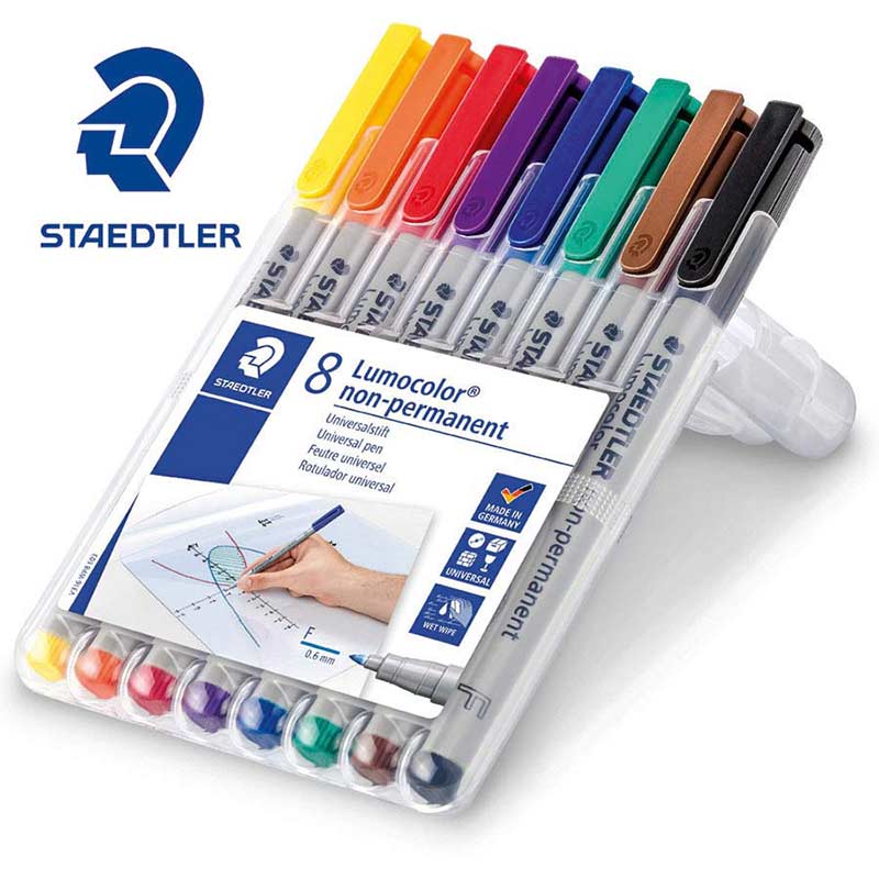 Lumograph Non Permanent Wet Erases Fine Tip Refillable Colored 8 Pack Assorted C