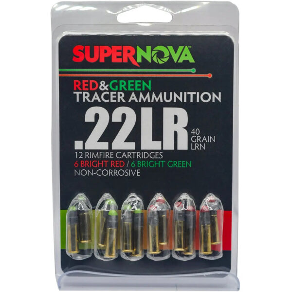 Supernova Tracer Rimfire Ammunition  22 LR 40gr. LRN Green & Red Tracer 12 rd.