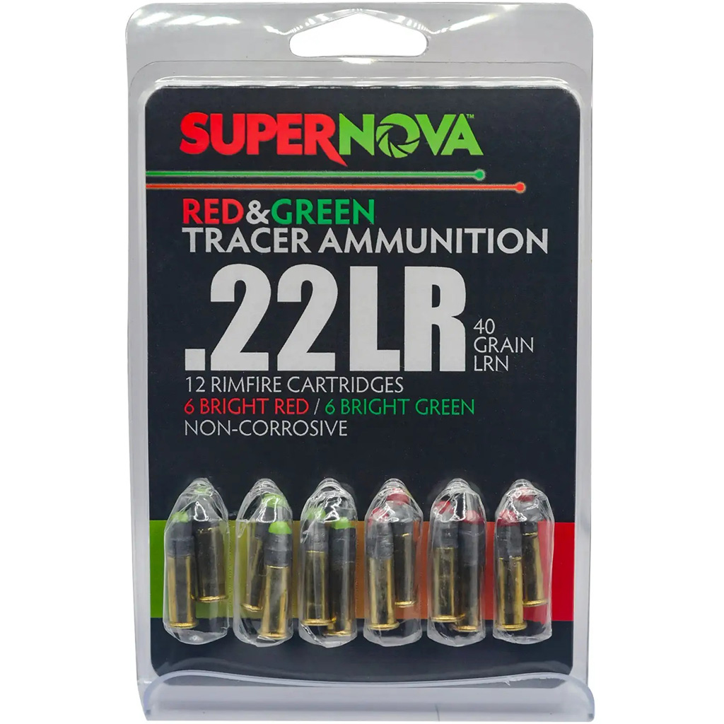 Supernova Tracer Rimfire Ammunition 22 LR 40gr. LRN Green & Red Tracer 12 rd.