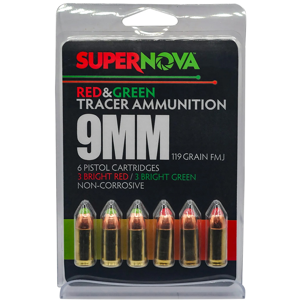 Supernova Tracer Pistol Ammunition  9mm 119 gr. FMJ Green & Red Tracer 6 rd.