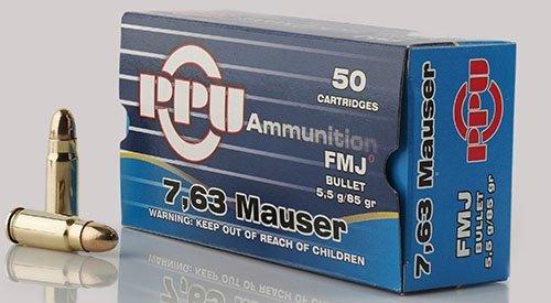 PPU 7.63mm Mauser 85 gr FMJ Handgun Ammunition, 50 Rounds