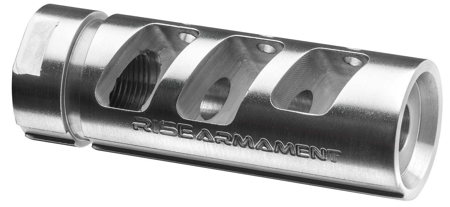 Rise Armament RA701223SLVR RA-701 Compensator Silver 416R Stainless Steel with 1/2"-28 tpi Threads & 2.50" OAL for 5.56x45mm NATO AR-Platform