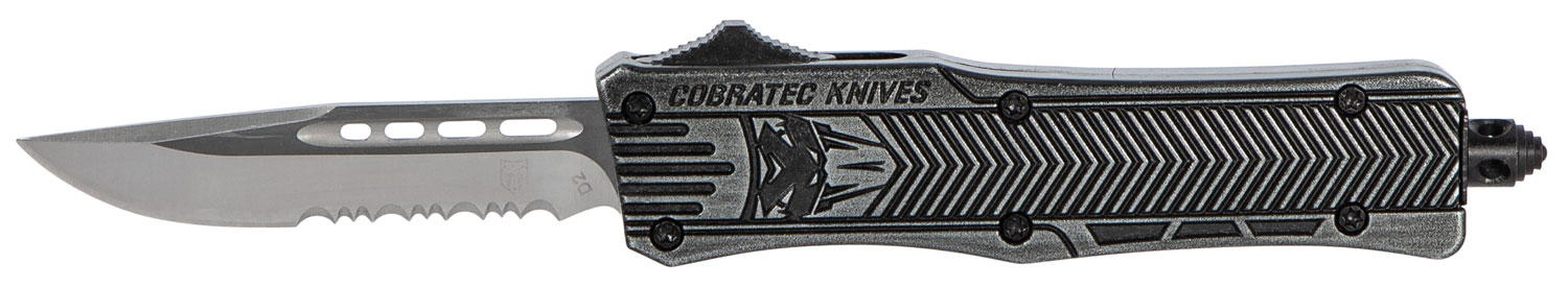 CobraTec Knives SSWCTK1SDS CTK-1 Small 2.75" OTF Part Serrated D2 Steel Blade/Black Stonewashed Aluminum Handle Features Glass Breaker Includes Pocket Clip