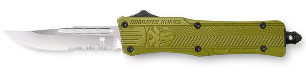 CobraTec Knives SODCTK1SDS CTK-1 Small 2.75" OTF Drop Point Part Serrated D2 Steel Blade/OD Green Aluminum Handle Features Glass Breaker Includes Pocket Clip