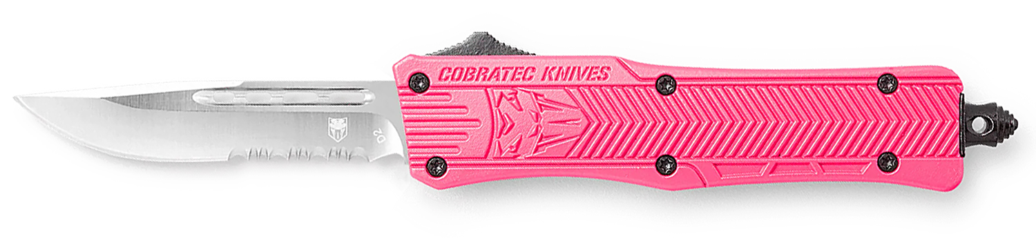 CobraTec Knives SPKCTK1SDS CTK-1  Small 2.75" OTF Drop Point Part Serrated D2 Steel Blade/ Pink Aluminum Handle Features Glass Breaker Includes Pocket Clip