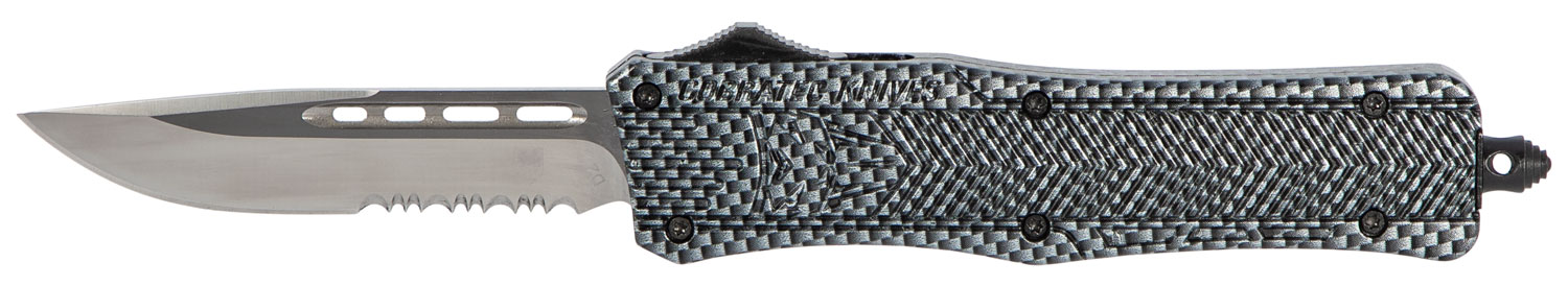 CobraTec Knives MSCFTK1MDS CTK-1  Medium 3" OTF Drop Point Part Serrated D2 Steel Blade/ Carbon Fiber Aluminum Handle Features Glass Breaker Includes Pocket Clip