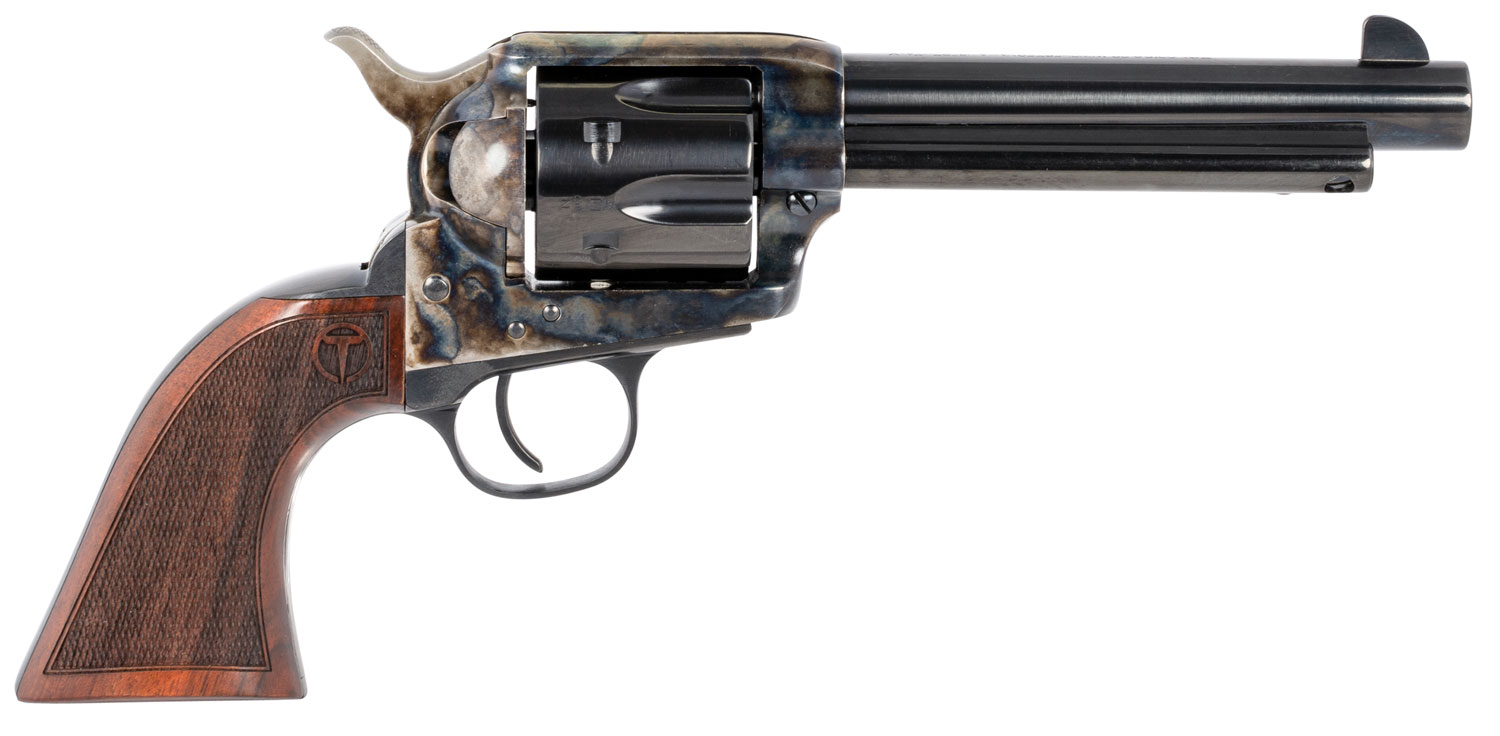 Taylors & Company 550813 Smoke Wagon  45 Colt (LC) Caliber with 5.50" Blued Finish Barrel, 6rd Capacity Blued Finish Cylinder, Color Case Hardened Finish Steel Frame & Checkered Walnut Grip