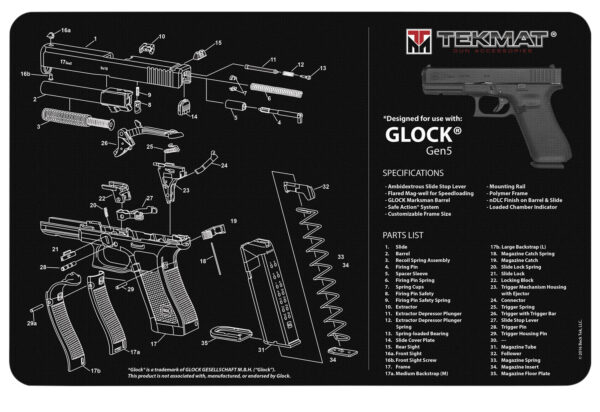 TekMat TEKR17GLOCKG5 Glock Gen5 Cleaning Mat Black/White Rubber 11"x17" Glock Gen5 Parts Diagram