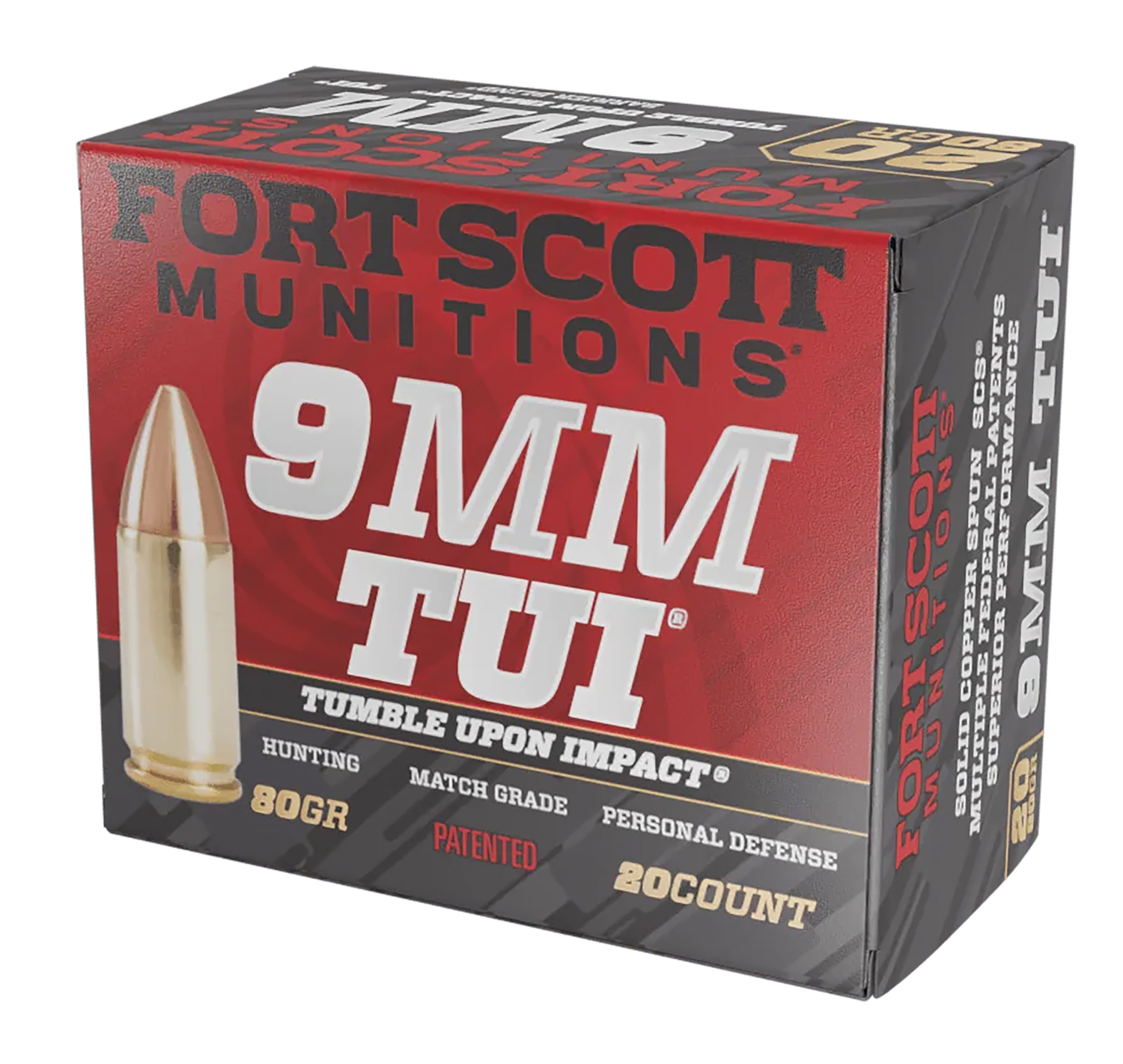 Fort Scott Munitions 9MM080SCV Tumble Upon Impact (TUI)  9mmLuger 80gr Solid Copper Spun 20 Per Box/25 Case