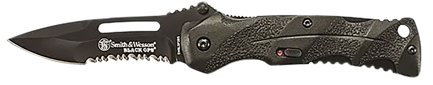 Smith & Wesson Knives SWBLOP2BSCP Black Ops  3.40" Folding Drop Point Part Serrated 4034 SS Blade Black Includes Pocket Clip