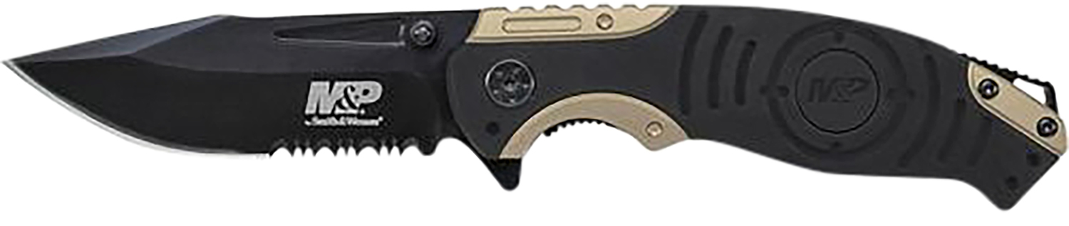 Smith & Wesson Knives SWP13BSCP M&P  3.50" Folding Drop Point Part Serrated Stonewashed 8Cr13MoV SS Blade/Black & Tan Aluminum Handle Includes Pocket Clip