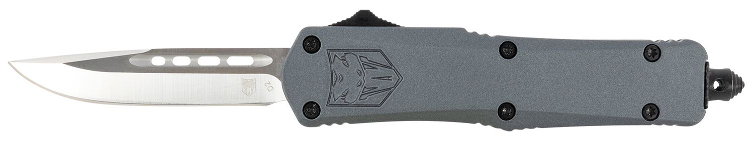 CobraTec Knives SGYFS3DNS FS-3  Small 2.75" OTF Plain D2 Steel Blade/Gray Aluminum Handle Features Glass Breaker Includes Pocket Clip