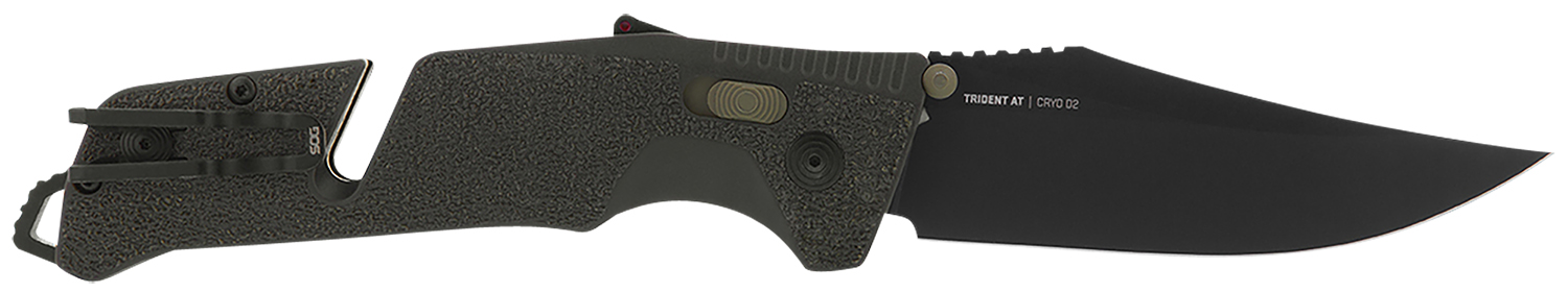S.O.G SOG11120341 Trident AT 3.70" Folding Clip Point Plain Black TiNi Cryo D2 Steel Blade/Olive Drab w/FDE Accents GRN Handle Features Line Cutter/Glass Breaker