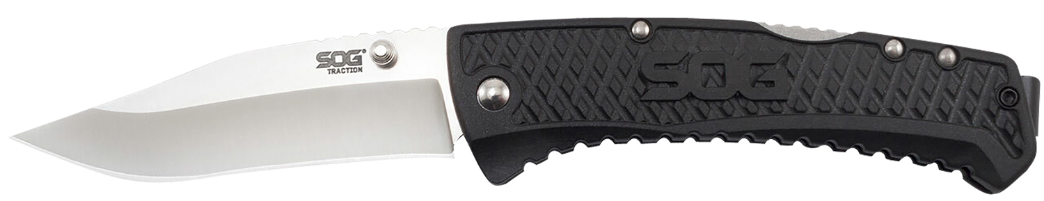 S.O.G SOG-TD1011-C Traction  3.50" Folding Clip Point Plain Satin 5Cr13MoV SS Blade Black Textured GRN Handle Includes Pocket Clip