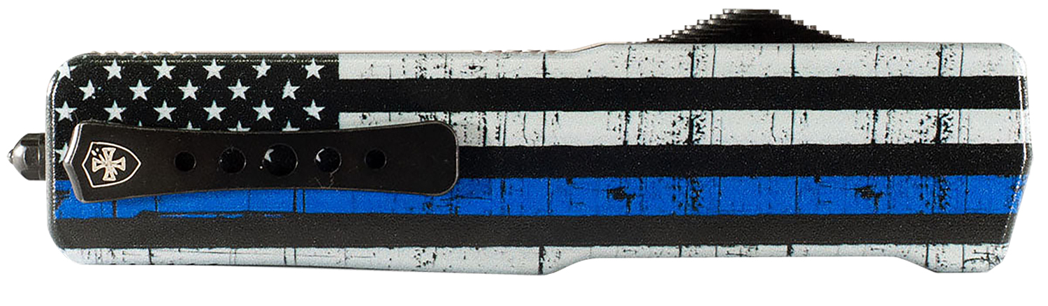 Templar Knife SABTB32 Premium LW We Back You Small 3" OTF Drop Point Plain Black Oxide Stonewashed D2 Steel Blade, 4.50" Black & White w/Blue Line Aluminum Handle