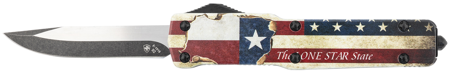 Templar Knife MZTX321 Premium Weighted Texan Slim 3.16" OTF Drop Point Plain Black Oxide Stonewashed D2 Steel Blade, 4.93" Red/White/Blue w/"The LONE STAR State" Aluminum Zinc Alloy Handle