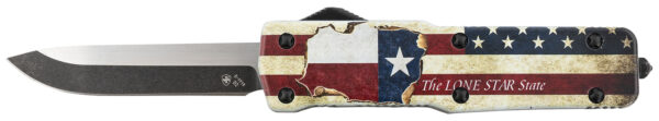 Templar Knife SZTX321 Premium Weighted Texan Small 3" OTF Drop Point Plain Black Oxide Stonewashed D2 Steel Blade, 4.50" Red/White/Blue w/"The LONE STAR State" Aluminum Zinc Alloy Handle