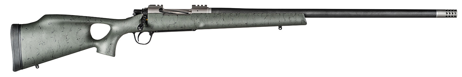 Christensen Arms CA10269815322 Summit TI  Full Size 28 Nosler 3+1, 26" Natural Titanium Steel Threaded Barrel, Natural Titanium Aluminum Receiver, Green w/Black Webbing Fixed Thumbhole Stock