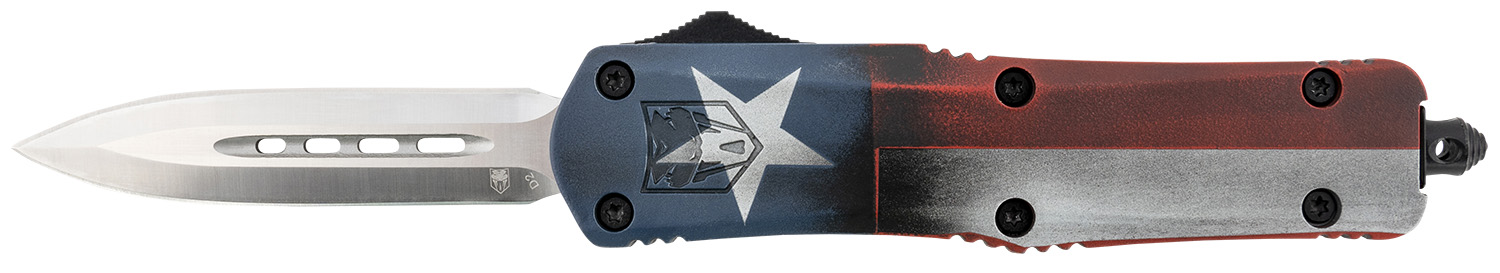 CobraTec Knives MCTXFS3DAGNS FS-3 Texas Flag Medium 3" OTF Dagger Plain Satin D2 Steel Blade, 5" Texas Flag Aluminum Cerakoted Handle