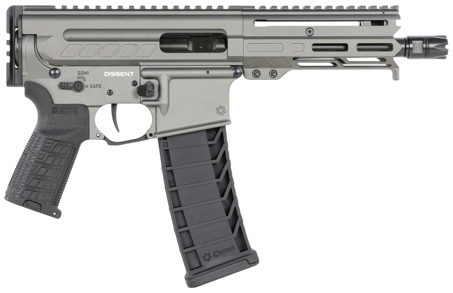 CMMG 94A6867TNG Dissent MK4 9mm Luger 33+1 6.50", Tungsten Gray Rec, Picatinny Brace Adapter, 5.50" M-LOK Handguard, Left Side Charging Handle, Zeroed Linear Comp, Zeroed Drop-In Single Stage Trigger