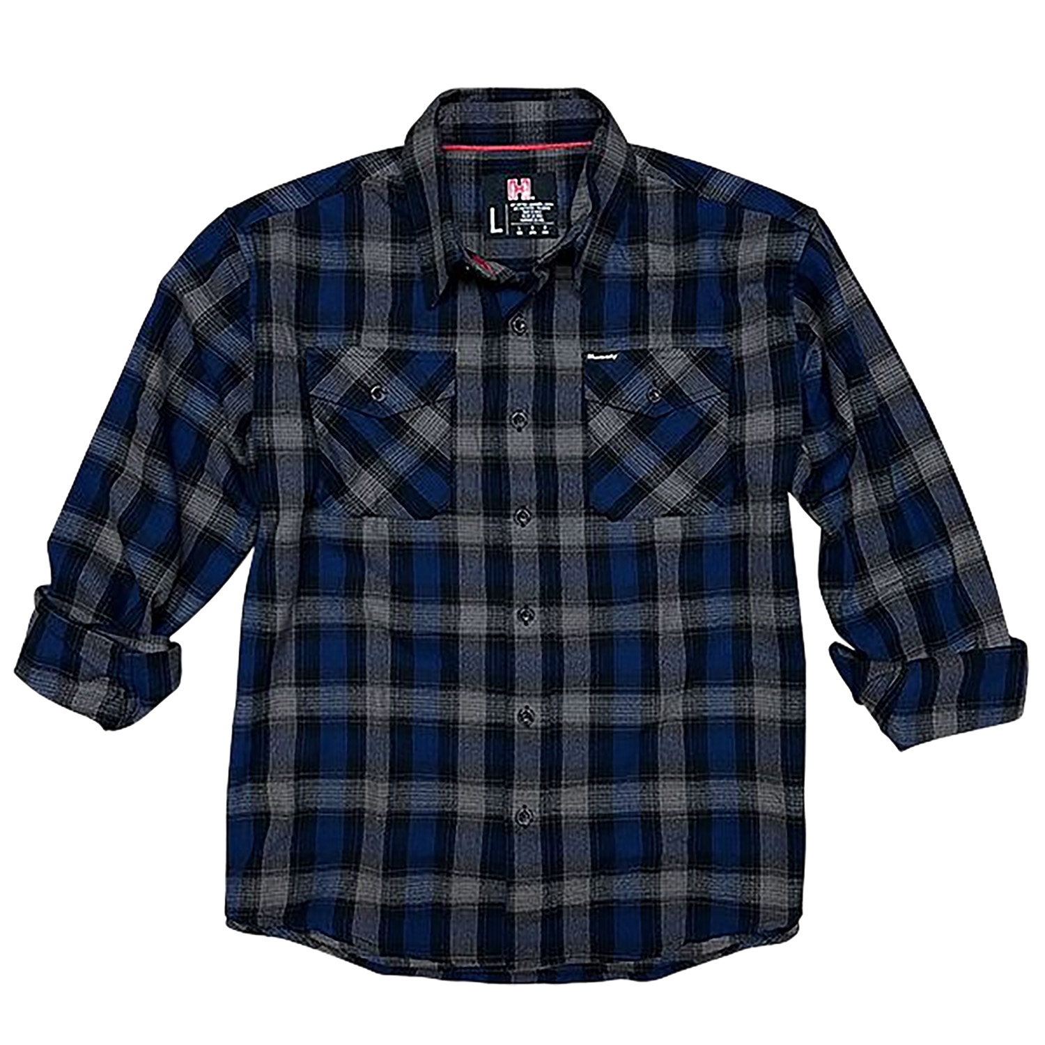 Hornady Gear 32203 Flannel Shirt  Large Navy/Black/Gray,  Cotton/Polyester, Relaxed Fit Button Up