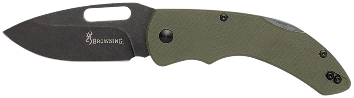 Browning 3220506 Hidden Hollow  EDC Large 3" Folding Drop Point Plain Black Oxide Stonewashed D2 Steel Blade, OD Green G10 Handle