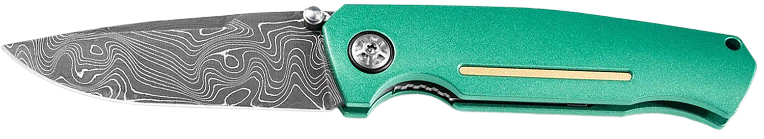 Boker 111102DAM   3.22" Drop Point Plain Damascus Blade Green Aluminum Handle