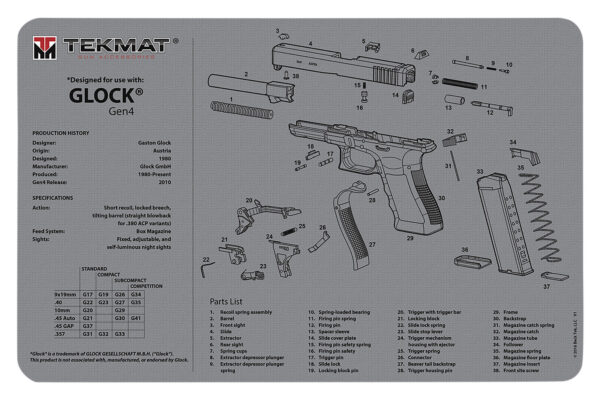 TekMat TEKR17GLOCKG4GY Glock Gen 4 Cleaning Mat Gray Rubber 11"x17" Glock Gen 4 Parts Diagram