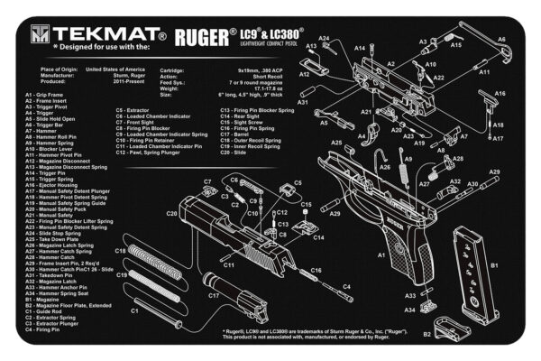 TekMat TEKR17RUGERLC9 Ruger LC9 Cleaning Mat Black/White Rubber 11"x17" Ruger LC9 Parts Diagram