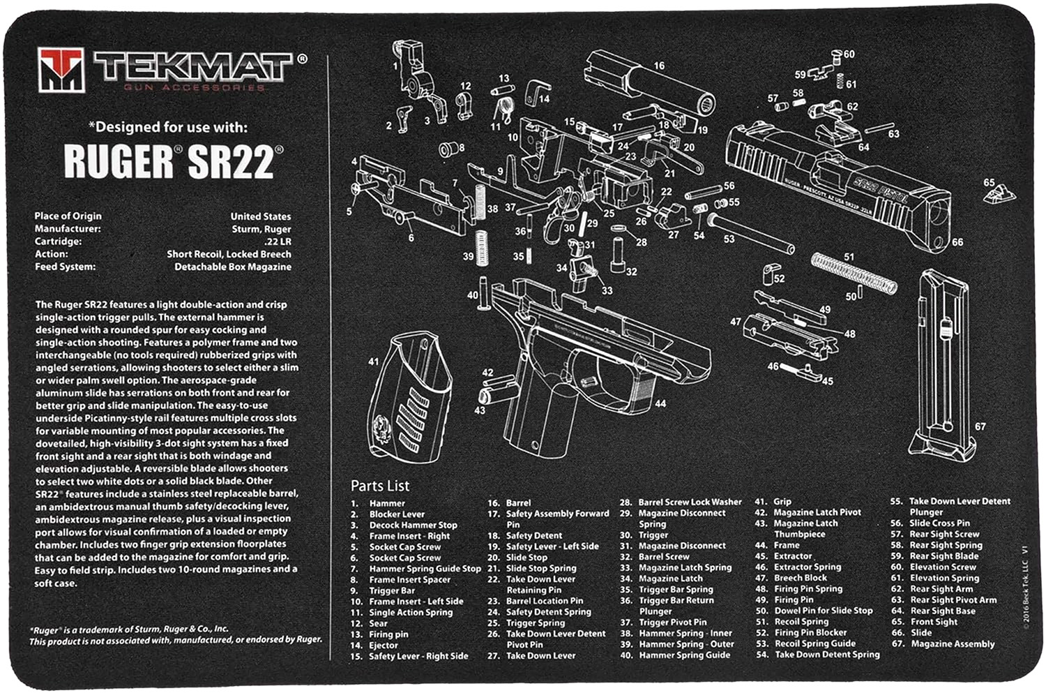 TekMat TEKR17RUGERSR22 Ruger SR22 Cleaning Mat Black/White Rubber 11"x17" Ruger SR22 Parts Diagram