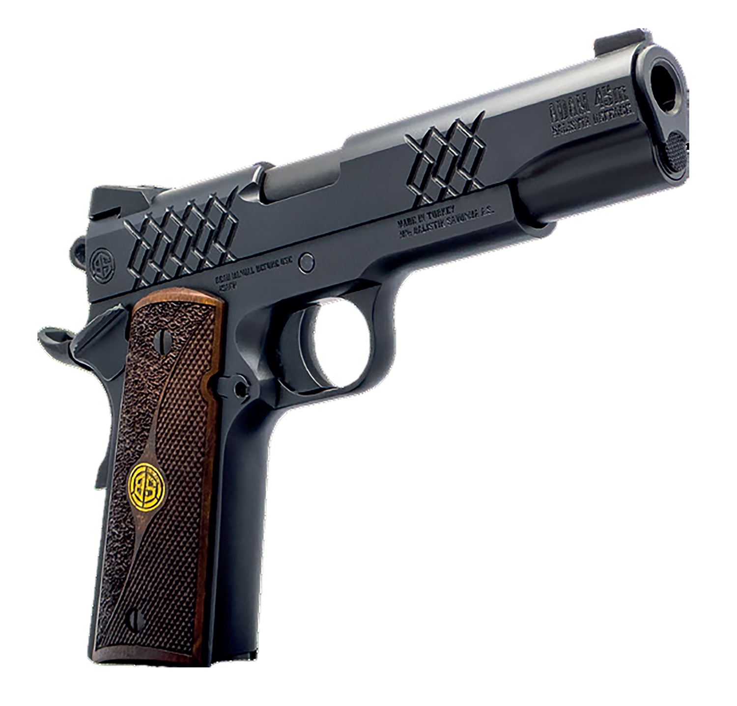Dickinson LLC DKSN45BM 1911 Adam Full Size Frame 45 ACP 8+1 5" Matte Black Button Rifled Barrel, Matte Black Serrated Aluminum Slide, Matte Black Steel Frame, Wood Grips