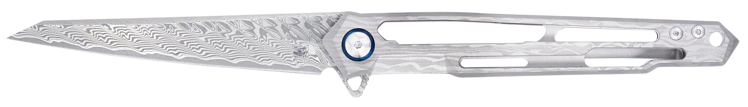 CobraTec Knives CTGSTDAMWNS Ghost  3.88" Folding Wharncliffe Plain Damascus Blade, 4.94" Cut Out Titanium Handle