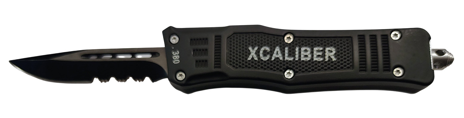Xcaliber Knife Company  380 ACP  Small 2.75" OTF Part Serrated Black 440C SS Blade, 3.91" Steel Handle
