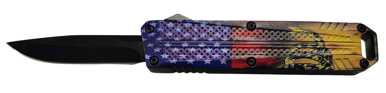 Xcaliber Knife Company  Don't Tread on Me  Small 2.75" OTF Drop Point Plain Black 440C SS Blade, 4.15" US Flag Aluminum Handle