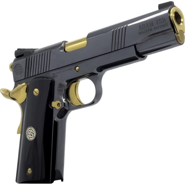 Dickinson LLC DKSN45AB Adam 1911 Acoustic Full Size 45 ACP 8+1 5" Gold Barrel, Shiny Black Steel B Serrations Slide, Shiny Black Steel Frame w/Beavertail
