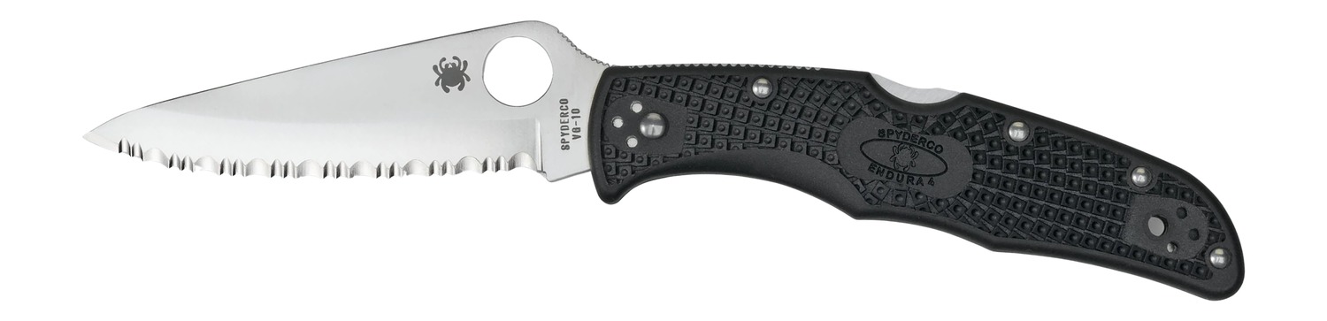 Spyderco  Endura  3.75" Folding Clip Point Serrated VG-10 SS Blade/Black  Textured FRN Handle Includes Pocket Clip
