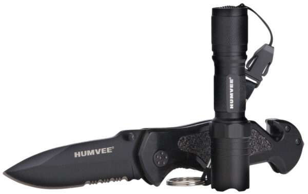 Humvee Adventure Gear HMVKCER1 Rescue Combo 3.25" Folding Spear Point Part Serrated Stainless Steel Blade Black Aluminum Handle Features Glass Breaker/Pocket Clip/Seatbelt Cutter