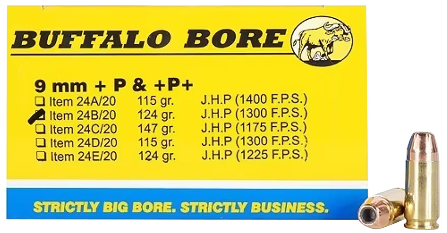Buffalo Bore Ammunition 24B20 Personal Defense Strictly Business 9mmLuger +P+ 124gr Jacket Hollow Point 20 Per Box/12 Case