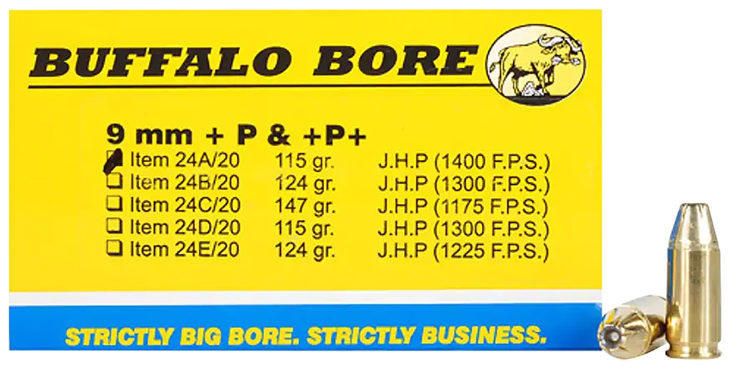 Buffalo Bore Ammunition 24A20 Personal Defense Strictly Business 9mmLuger +P+ 115gr Jacket Hollow Point 20 Per Box/12 Case