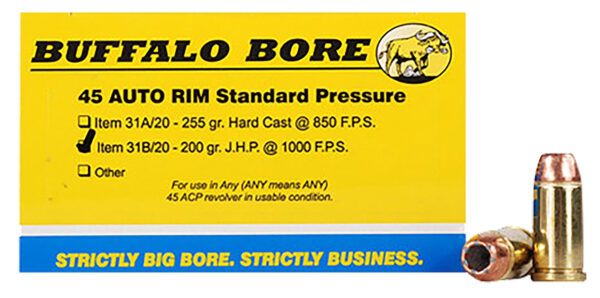 Buffalo Bore Ammunition 31B20 Standard Pressure Strictly Business 45Auto Rim 200gr Jacket Hollow Point 20 Per Box/12 Case