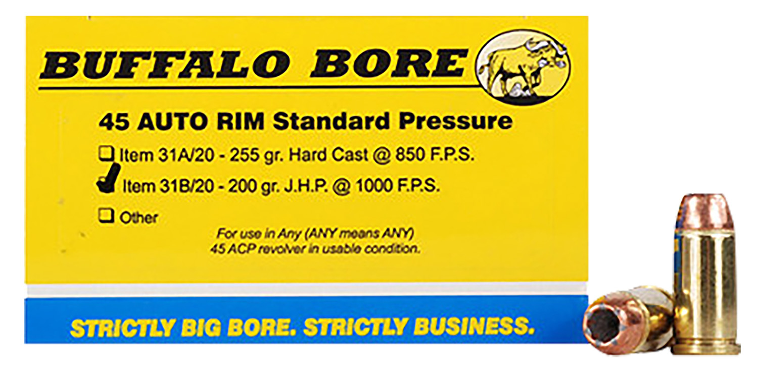 Buffalo Bore Ammunition 31B20 Standard Pressure Strictly Business 45Auto Rim 200gr Jacket Hollow Point 20 Per Box/12 Case