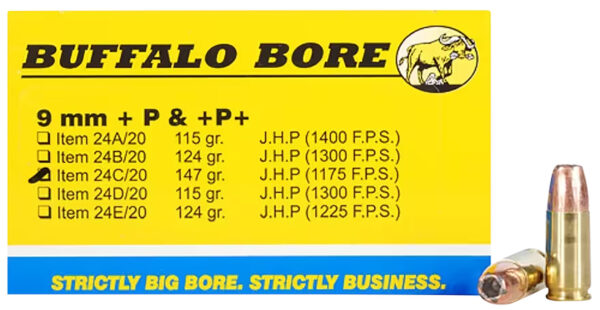 Buffalo Bore Ammunition 24C20 Personal Defense Strictly Business 9mmLuger +P+ 147gr Jacket Hollow Point 20 Per Box/12 Case
