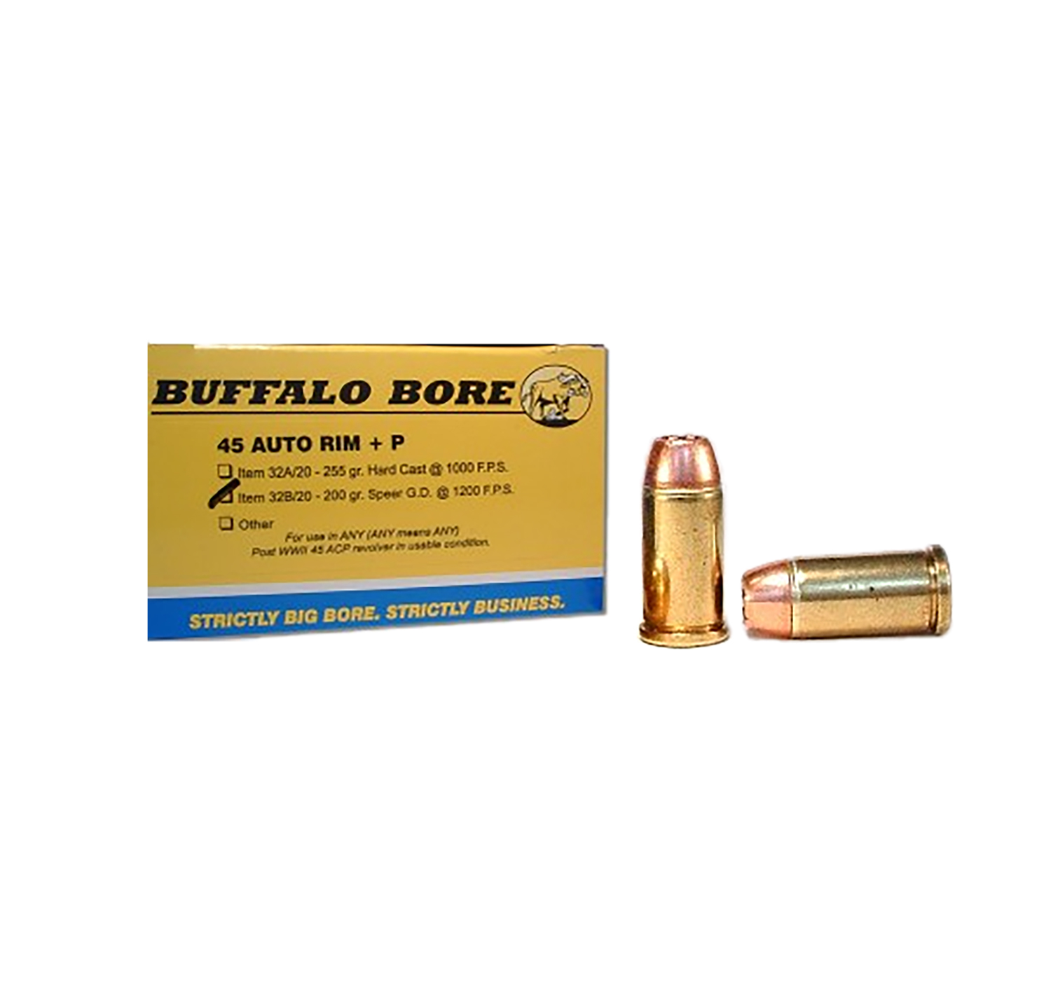 Buffalo Bore Ammunition 32B20 Personal Defense Strictly Business 45Auto Rim +P 200gr Jacket Hollow Point 20 Per Box/12 Case