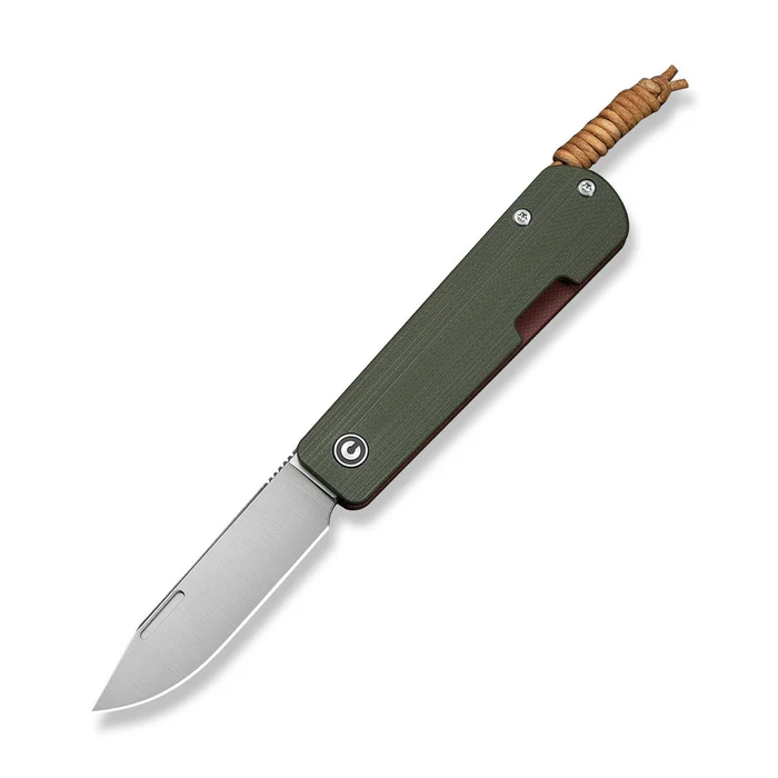 CIVIVI Slippy Sendy Slip Joint Folding Knife C24075B-1 Milled Green & Red G10 Handle 2.81" Satin Nitro-V Blade with Brown Leather Lanyard