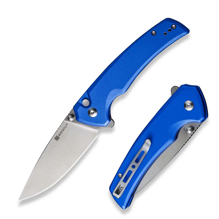 Serene Flipper/Thumb Stud Folding Knife 3.48"" Satin D2 Drop Point Plain Edge Blade, Bright Blue Aluminum Handle