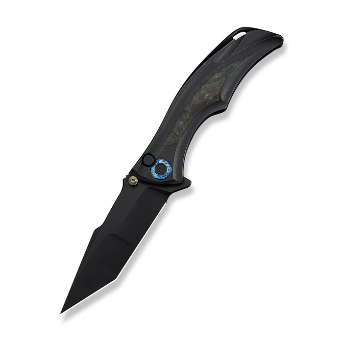 Tighe Down Flipper & Thumb Stud & Button Lock Knife Black Titanium Integral Handle With Black & Yellow Carbon Fiber Inlay (4"" Black Stonewashed Bohler M390 Blade, Tanto)